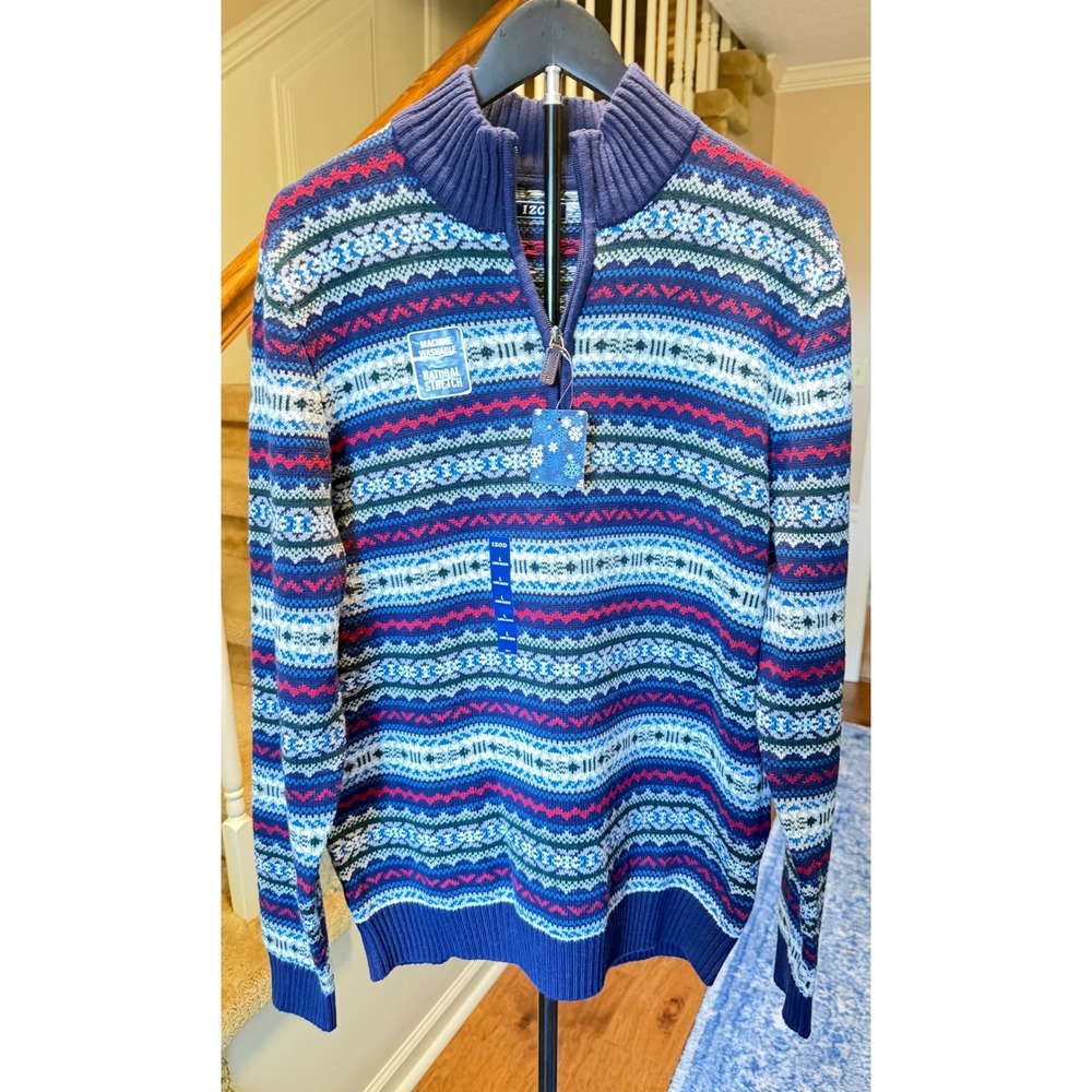 IZOD Mens Large Fair Isle Quarter Zip Sweater Blue Red White Natural Stretch NWT